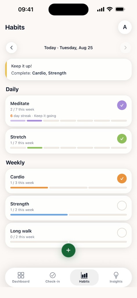 WellCheckr habits with daily and weekly trackers and streaks